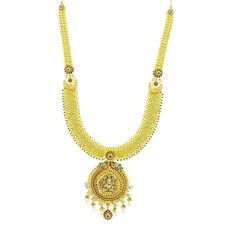 22K Yellow Gold Necklace & Earrings Set W/ CZ, Ruby, Emerald, Pearls & Laxmi Pendant on U-Shaped Beaded Chain for women. This standout set will be sure to dazzle with its three-row beaded chain, precious rubies, emeralds and CZ gemsas well as hanging pearls. The necklace is 32 inches long with a width range of 2-21 mm. The pendant is 85 mm long and 60 mm wide. Each earring is 56 mm long and 25 mm wide. The set weighs a total of 164.03 grams. 22k Gold Jewelry For Puja, 22k Gold Pearl Necklace For Celebrations And Festivals, Gold Plated Meenakari Jewelry For Puja, Hand Set Yellow Gold Round Kundan Necklace, 22k Gold Tilla Jewelry For Puja, Yellow Gold Round Kundan Necklace In Temple Style, Yellow Gold Round Kundan Necklace Temple Jewelry, 22k Gold Cutdana Jewelry For Puja, Yellow Gold Round Kundan Temple Necklace