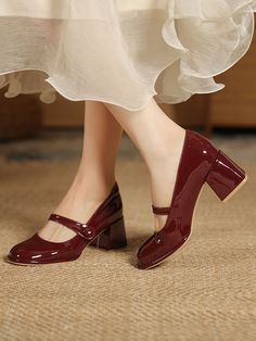 Round-Toe Shallow Cut Split-Joint Mary Janes Pumps BURGUNDY-US 8 | EU 38 2/3 | UK 5.5 | CN 39 Lady Clothes, Zapatos Mary Jane, Office Shoes Women, Strappy Block Heels, Style Français, Round Toe Pumps, Chunky High Heels, Mary Jane Pumps, Jairzinho