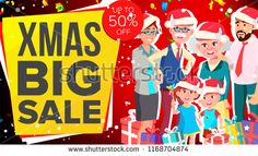 christmas sale poster with family in santa hats and presents on red background, eps format