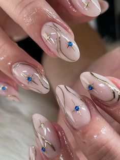 Too beautiful not to stare ✨ . . . . #nails #nailart #nailsnailsnails #nailinspo #nudenails #elegantnails #chrome #chromenails #blue #shortnails #acrylicnails #almondnails #ovalnails #elegantnails #weddingnails #cutenails #beautifulnails #starnails #summernails #goldnails #mnnails #mnnailtech #minnesotanails #minnesotanailtech #minneapolisnails #minneapolisnailtech #nailsofinstagram #instagramnails #fashion Gold Chrome Oval Nails, Greek Nails Blue, Blue Nails With Gold Design, Ethereal Nails Acrylic Almond, Ethereal Nail Design, Church Nails Designs, Blue Detail Nails, Greek Mythology Nail Art, Ethereal Nail Art