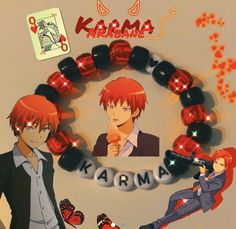 two anime characters are standing next to each other and one is wearing a bracelet with the word karma written on it