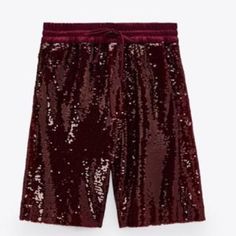 Zara Sequin Shorts Elastic Waist Size Xs Can Fit For S Too Size S Can Fit For M Too Burgundy Color Simply Beautiful Chic Red Stretch Shorts, Chic Stretch Red Shorts, Trendy Burgundy Bottoms For Summer, Burgundy Casual Bottoms For Night Out, Burgundy Bottoms For Summer Party, Zara Red Party Bottoms, Burgundy Shorts For Summer, Casual Spring Sequin Shorts, Casual Sequined Bottoms For Summer