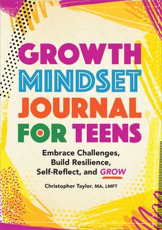 the book cover for growth mindset journal, featuring colorful text and an abstract background