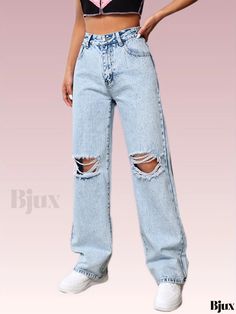 Bjux - Womens Blue Distressed Straight Leg Jeans with Loose Fit and Wide Legs, Non-Stretch Washed Denim Apparel Ripped Full-length Blue Bottoms, Ripped Blue Full-length Bottoms, Blue Ripped Full-length Bottoms, Distressed Full Length Bottoms For Summer, Distressed Full-length Jeans For Summer, Distressed Full-length Summer Jeans, Distressed Blue Pants For Summer, Blue Distressed Pants For Summer, Summer Distressed Blue Pants