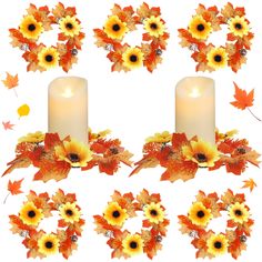 a set of four candles with autumn leaves and flowers around them on a white background