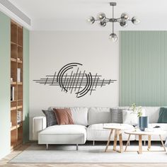 a modern living room with white furniture and green wallpaper on the walls, along with an abstract art piece