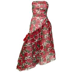 What a fun strapless red roses print tulle party cocktail dress from Arnold Scaasi! Dress has asymetrical hem with zipper on the side. Puffy tulle skirt attached underneath. Extremely flattering fit. Fit best for size Small Bust: 32 inch / Waist: 28 inch / Hip: 38 inch/ Shortest hem: 34"/ Longest hem 48" Dress is in excellent condition. Red Dress Design, Puffy Tulle Skirt, Cocktail Dresses With Sleeves, Summer Cocktail Dress, Strapless Cocktail Dress, V Neck Cocktail Dress, Long Cocktail Dress, V Neck Wedding Dress, Red Floral Print