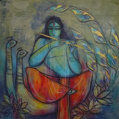 an artistic painting depicting a woman playing the flute