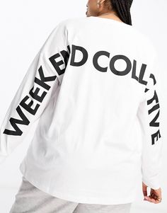 ASOS Weekend Collective Curve oversized long sleeve t-shirt with back logo in white | ASOS Long Sleeve Logo Print T-shirt For Loungewear, Oversized Long Sleeve Athleisure T-shirt, Athleisure Top With Back Print For Streetwear, Long Sleeve T-shirt With Text Print For Loungewear, White Oversized Tops With Letter Print, Oversized White Slogan Tops, Oversized Long Sleeve Athleisure Top, Long Sleeve Logo Print Loungewear T-shirt, Oversized Long Sleeve Tops With Slogan