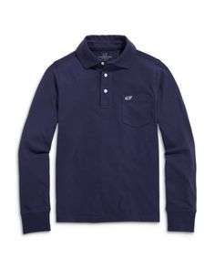 Vineyard Vines Boys' Long Sleeved Jersey Polo - Little Kid, Big Kid Navy Long Sleeve Marine Top, Marine Style Long Sleeve Cotton Tops, Navy Marine Style Cotton Top, Navy Cotton Marine Style Tops, Nautical Cotton Tops For Fall, Navy Casual Tops For School, Preppy Navy Cotton Top, Vineyard Vines Boys, Long Sleeve Jersey