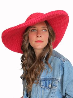 Wide Brim Derby Hat 18" Diameter, 56.5” Circumference, 5” High Bohemian Red Wide Brim Bucket Hat, Red Crochet Hat For Beach, Pink Crochet Hat For Summer Vacation, One-size Red Crochet Hat For Beach, One-size Red Crochet Hat For The Beach, Red One-size Crochet Hat For Beach, Pink Crochet Beach Hat, Pink Summer Hat One Size, Red Brimmed Crochet Hat For Beach