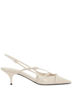 ivory white calf leather patent finish decorative buckle detail buckle-fastening slingback strap pointed toe kitten heel White Miu Miu Heels, Wonyoung Closet, White Kitten Heels, Pretty Heels, Corporate Outfits, Outfit Check, Chanel 2, Iconic Bags, Slingbacks