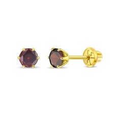 For your daughters first studs, you cant go wrong with these 14k yellow gold simulated garnet birthstone earrings. The prong style allows the red CZ stone to shine brightly all day and night. These gold earrings for baby girls have screw back fasteners that keep them on your childs ears no matter how playtime gets. These earrings are suitable for your child's sensitive ears so you dont have to worry about the posts irritating your toddlers lobes. This delightful pair of earrings comes packaged w Toddler Earrings, Garnet Birthstone, Baby Earrings, Gold Jewelry Earrings, Birthstone Earrings, Birthstone Earring, Sensitive Ears, Cz Stone