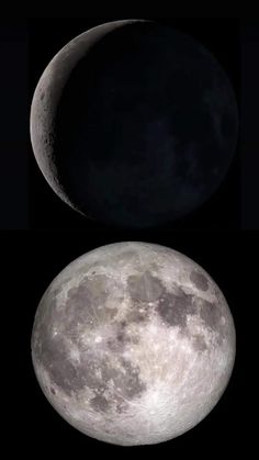 two phases of the moon are shown in black and white, one is half - full