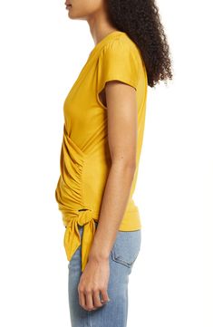 A faux-wrap front flatters on this soft and versatile jersey top cinched with a saucy tie at the hip. 23 1/2" length Surplice V-neck Short sleeves 95% rayon, 5% spandex Machine wash, dry flat Imported Women's Clothing Summer V-neck Top With Knot Detail, V-neck Twist Front Top For Day Out, Twist Front V-neck Top For Day Out, Chic Tops With Tie Waist And Surplice Neckline, Summer V-neck Twist Front Tops, Chic V-neck Top With Tie Waist, Stretch V-neck Twist Front Top, Stretch V-neck Top With Twist Front, Casual Twist Front Top For Day Out