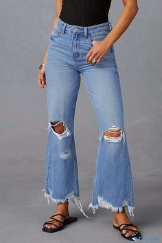 OrcaJump - Classic High-Waisted Denim Jeans with Distressed Detailing Jeans Online, High Waisted Denim, High Waist Jeans, Olivia Mark, Wholesale Fashion, Long Pants, Denim Fashion, Womens Bottoms, Denim Jeans