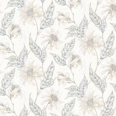 a wallpaper with flowers and leaves on it's side, in beige and white