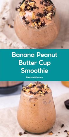 banana peanut butter cup smoothie with chocolate chips on top