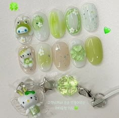 green hello Kitty nail art🍀🌱 Nct Makeup, Keroppi Nails, Gel X Nail Designs, Green Hello Kitty, Frog Nails, Hello Kitty Nail Art, Kitty Nail Art, Sanrio Nails, Hello Kitty Nails Art