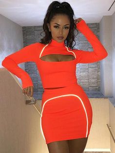 Fluorescence Long Sleeves Hollow Tees&Skirts Suits - rrdeye Neon Skirt, Crop Top Skirt Set, Swimwear Women, Crop Top Skirt, Striped Crop Top, Women Outfits, Baddie Outfits, Clothes Collection, Skirt Suit