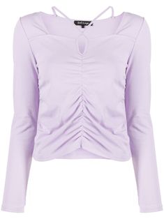 lilac purple cotton ruched detailing crossover shoulder straps long sleeves straight hem Spring Ruched Long Sleeve Fitted Top, Spring Ruched Fitted Long Sleeve Top, Spring Fitted Ruched Long Sleeve Top, Fitted Long Sleeve Tops With Elastic Shoulders, Trendy Long Sleeve Ruched Tops, Trendy Ruched Long Sleeve Tops, Ruched Fitted Top For Spring, Fitted Long Sleeve Top With Ruched Sides, Trendy Purple Ruched Top