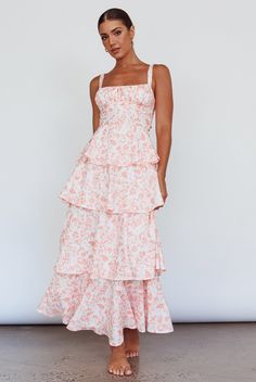 Shop the Provence Bloom Tiered Midi Dress Floral Orange | Selfie Leslie White Kitten Heels, Midi Dress Floral, Orange Midi Dress, White Kitten, Cute Prom Dresses, Bow Back, Grad Dresses, Tiered Midi Dress, Hoco Dresses