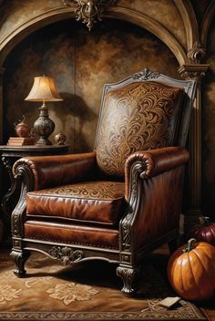 a painting of a leather chair in a room with pumpkins and a lamp on the table