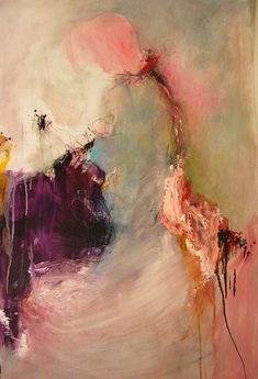 an abstract painting with pink, yellow and purple colors