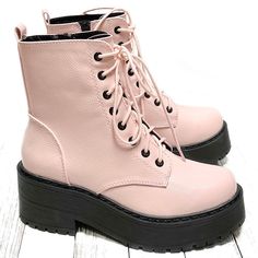 Update Your Wardrobe With These Stylish Platform Military Boots New In Box Vegan Leatherette Material Adjustable Laces Side Zipper For Easy Shoe Removal Lug Platform Sole Platform Height: Approximately 1.5 To 2.5 In., Depending On Size Heel Height: Approximately 2.75 In. Trendy Pink Platform Boots For Fall, Trendy Pink Fall Platform Boots, Pink High Heel Platform Boots For Winter, Pink High Ankle Platform Boots For Fall, Casual Pink Platform Boots For Fall, Pink Ankle Platform Boots For Spring, Pink Platform Boots For Winter, Trendy Pink Winter Boots, Pink Winter Lace-up Boots