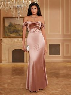 Women's Solid Color Off-Shoulder Ruched Fitted Simple Dress, Elegant Formal Evening Prom Gown, For Wedding Guest, Graduation, Dinner Champagne Elegant  Sleeveless Satin Plain Bodycon Non-Stretch  Weddings & Events, size features are:Bust: ,Length: ,Sleeve Length: Blush Satin Dress, Arabian Dress, Dress Champagne, Sequin Evening Dresses, Bride And Groom Gifts, Simple Dress, Color Champagne, Women Formals, Inspiration Mode