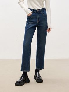 MO&Co.Women High Waist Ankle Jeans with Straight Features : - Straight leg, ankle length- High waisted- Button and zip closure Code: MBB4JENT19The back length of size M is 92.5cm MATERIALS & CARE : Material: 68% Cotton 32% LyocellMachine wash separately under 30℃Do not bleach, lay flat to dry in the shadeDo not tumble dry, iron at low temperatureDo not dry clean, and do not soakPlease wash with special detergent for silk and woolReverse into mesh bag for washingSpecial process parts:Do not rub, Dark Wash Five-pocket Pants For Winter, Winter Dark Wash Pants With Five Pockets, Winter Pants In Dark Wash With Five Pockets, Dark Wash Five-pocket Bottoms For Winter, Dark Wash Straight Leg Bottoms For Winter, Fall Cropped Leg Flare Jeans In Denim Blue, Winter Dark Wash Straight Leg Bottoms, Medium Wash Straight Leg Pants For Winter, High Rise Relaxed Fit Winter Jeans