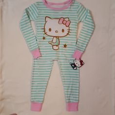 Mint Green & White Striped With Pink Trim Around Neckline , Sleeves & Leg Hem Featuring Hello Kitty Outlined In Gold Cute Color Combo! Free Shipping On Any 5 Items!! Pajamas Hello Kitty, Barbie Pajamas, Hello Kitty Pajamas, Pink Trim, Kids Pajamas, Color Combo, Baby Stuff, Color Combos, Mint Green