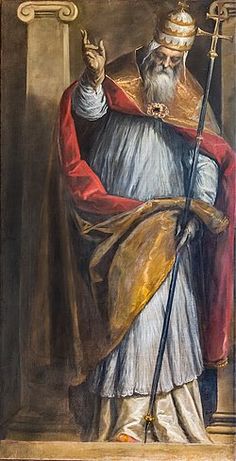 an old painting of a man with a staff in his hand and a crown on his head