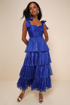 Radiant Arrival Shiny Blue Organza Tiered Tie-Strap Maxi Dress Unique Prom Dress, Royal Blue Formal Dress, Dramatic Dress, Formal Midi Dress, Cotillion Dresses, Organza Dresses, Dramatic Dresses, Blue Organza, Casual Formal Dresses