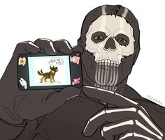 a skeleton is holding up a cell phone with a dog on it's face