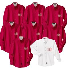 red and white shirts with monogrammed letters on the front, side, and back