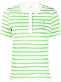 bright green/white stretch-cotton horizontal stripe pattern embroidered logo at the chest classic collar front button placket short sleeves straight hem Classic Green T-shirt For Spring, Striped Short Sleeve Polo Shirt For Summer, Striped Collared Polo Shirt For Summer, Summer Striped Collared Polo Shirt, Summer Collared Polo Shirt With Horizontal Stripes, Summer Striped Polo Shirt, Striped Cotton Polo Shirt For Spring, Spring Striped Cotton Polo Shirt, Preppy Cotton Polo Shirt For Spring