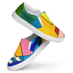 Walk in these one-of-a-kind, colorful shoes of original art painted by me!  Made for comfort and ease, these Men's Slip-On Canvas Shoes are stylish and the ideal piece for completing an outfit. Equipped with removable soft insoles and rubber outsoles, it's also easy to adjust them for a better fit. *  100% polyester canvas upper side *  Ethylene-vinyl acetate (EVA) rubber outsole *  Your brand on the box, insole, and tongue of the shoe  *  Breathable lining, soft insole *  Elastic side accents * Artistic Hand Painted Slip-on Sneakers, Hand Painted Multicolor Low-top Sneakers, Multicolor Hand Painted Low-top Sneakers, Multicolor Low-top Slip-ons With Rubber Sole, Hand Painted Multicolor Low-top Custom Sneakers, Multicolor Hand Painted Low-top Custom Sneakers, Hand Painted Multicolor Custom Sneakers With Round Toe, Multicolor Hand Painted Custom Sneakers With Round Toe, Artistic Multicolor Spring Sneakers