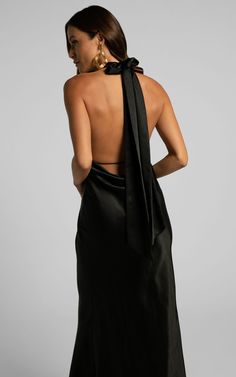 Aiyana Midi Dress - Halter Neck Satin Dress in Black | Showpo USA Elegant Black Sleeveless Satin Dress, Black Satin Party Dress, Sleek Tie-back Maxi Dress For Night Out, Satin Maxi Dress With Back Opening For Night Out, Sleek Black Evening Dress For Night Out, Elegant Bias Cut Halter Dress For Cocktail, Glamorous Silk Halter Neck Dress, Evening Halter Neck Dress, Sleek Halter Neck Satin Slip Dress