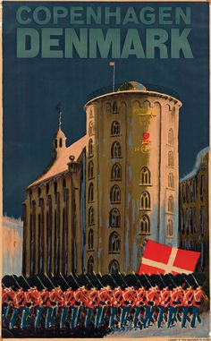 an old poster shows soldiers marching in front of a building with a flag on it