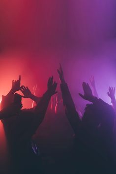 silhouettes of people raising their hands in the air at a music concert with colored lights behind them