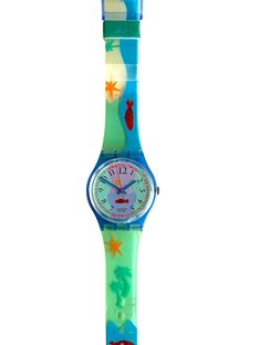 Vacation feeling comes with the Swatch Gent HOOKIPA. It is characterized by its great, maritime design. The colorful plastic strap of the watch shows the sea with many fish and the beach with palm trees. The classic dates back to 1992. The watch is water resistant and has a precision quartz movement with battery. This Swatch GN118 comes new and unworn with a new battery installed in its original case and its original papers. General remark on vintage Swatches: please be aware that the Swatch wat 80s Swatch Watches, Weird Sweaters, Doreen Green, Funky Watches, Colourful Clothing, Beach With Palm Trees, 1980s Fashion Trends, Visual Gallery, Vintage Swatch Watch