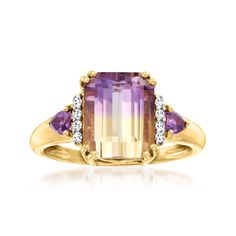 Ross-Simons - 2.70ct Ametrine Ring, .10ct t. w. Amethysts, Diamond Accents. Size 8. An RS exclusive. Lovers of unique gemstones will adore this gorgeous ring. A shimmering 2.70 carat emerald-cut ametrine boasts a mesmerizing gradient of purple to sunny yellow, flanked by .10 ct. t. w. triangular amethysts. Diamond accents add an extra dose of sparkle. Crafted in luxurious 14kt yellow gold. 3/8" wide. Amethyst and ametrine ring. Amethyst birthstones are the perfect gift for February birthdays. Ametrine Ring, Diamond Ring Cuts, Purple Stone Rings, Amethyst Birthstone, Pear Shaped Ring, Amethyst And Diamond Ring, Gorgeous Ring, Jewelry Essentials, Sunny Yellow