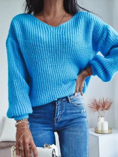 Blue Casual V Neck Solid Long Sleeve Sweater Bahamas Cruise, Workout Outfits, Dresses By Length, Casual Sweaters, V Neck Sweater, Long Sleeve Casual, Blue Sweaters, V Neck Tops, Winter Season