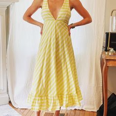 Line & Dot Size: Small New - Never Worn Shown On 5'8" Female. Hits Just Above The Ankle. Message For Additional Photos. Casual Yellow A-line Maxi Dress, Casual Yellow A-line Sundress, Yellow A-line Maxi Dress For Beach, Yellow Cotton A-line Sundress, Yellow Printed V-neck Maxi Dress, Line Dot, White Striped Dress, Dot Dress, Striped Dress