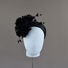 These lovely headband style headpieces are bang on trend this season. This Headband is hand blocked in quality parasisal straw and wired using traditional millinery techniques. Hand curled feathers formed into a striking floral flourish decorates this lovely headpiece. Available with or without a separate birdcage veil. *One size fits all MADE TO ORDER - Please allow 2 weeks to process your order. However if you need your headpiece urgently please choose Next Day Delivery at checkout and provide Black High Crown Hat For Formal Occasions, Black High Crown Costume Hat For Formal Occasions, Formal Black High Crown Costume Hat, Black Hat-style Headpieces For Wedding, Black Hat Headpiece For Wedding, Black Short Brim Party Headpiece, Black Short Brim Headpiece For Party, Structured Crown Black Headpiece For Wedding, Black Top Hat For Evening With Structured Crown