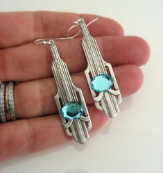 Art Deco Earrings - Silver Earrings - Aquamarine Earrings - Handmade Jewelry Art Deco Style Matching Metal Earrings, Art Deco Sterling Silver Dangle Earrings, Nickel-free Dangle Earrings In Art Deco Style, Nickel-free Dangle Art Deco Earrings, Nickel-free Art Deco Dangle Earrings, Nickel-free Art Deco Metal Earrings, Art Deco Silver Earrings For Gift, Handmade Silver Art Deco Earrings, Handmade Art Deco Silver Earrings