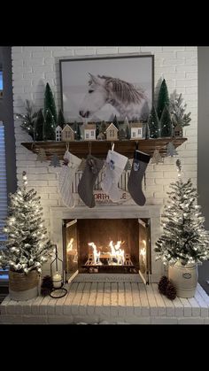 a fireplace decorated with stockings and christmas trees