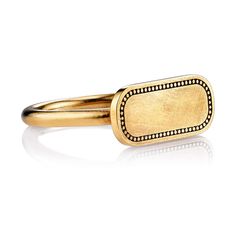 Vintage inspired 18K gold bar ring. A modern take on the classic signet ring. Make it personal! Price includes monogrammed engraving of up to three letters in any of the styles shown above - please be sure to specify before placing your order. Please contact us to inquire about additional customization. Gold Bar Ring, Beaded Frame, Bar Ring, Gold Signet Ring, Single Stone, Gold Bar, Storage Pouch, Jewelry Cleaner, Signet Ring