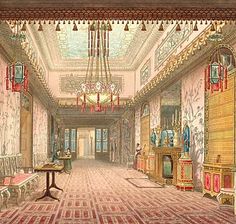 this is an old drawing of a hallway in a palace with chandeliers hanging from the ceiling